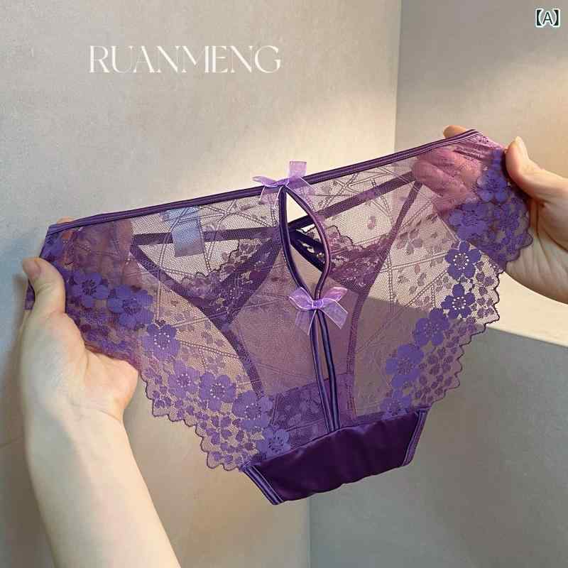 下着　レース　レディース パープル チャーム ~ フレンチ セクシー レース バック ホロー ボウ ノット ショーツ レディース ローウエスト 薄型 透明