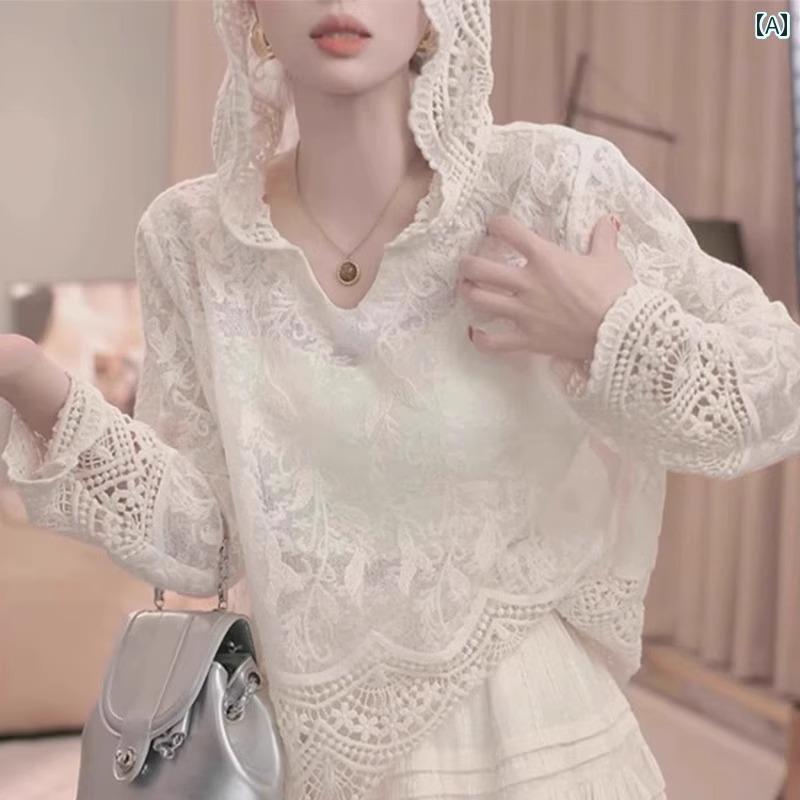 ランジェリー　下着　レース カウンターは 重厚 クロシェ フード付き レース シャツ レディース ゆった..