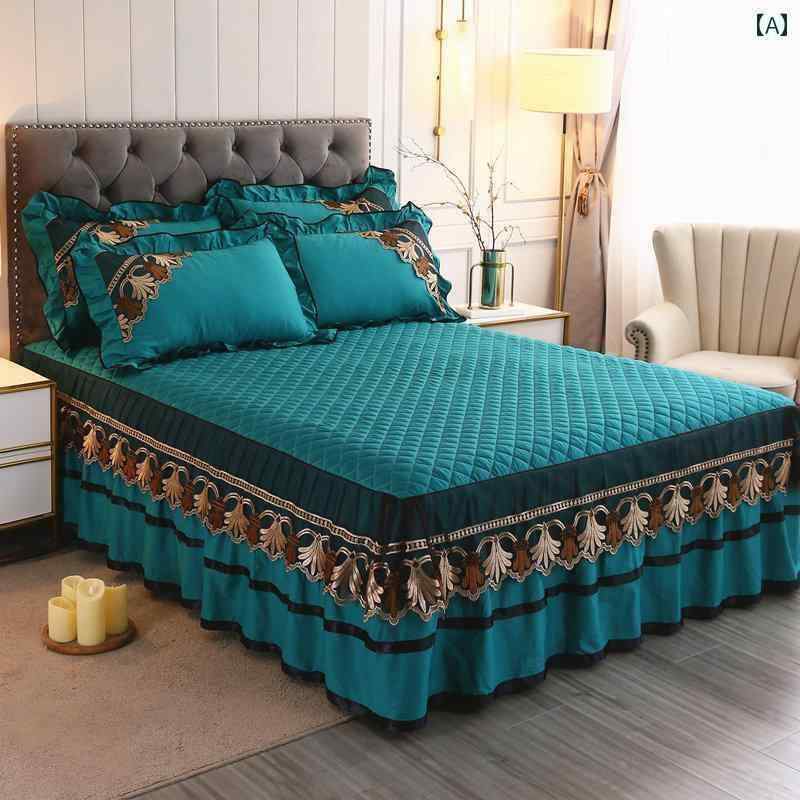 ベッド カバー 綿の ベッドスプレッド ベッド スカート ワンピース キルティング 厚手 3点 セット プリンセス レース 滑り止め エプロン カバー