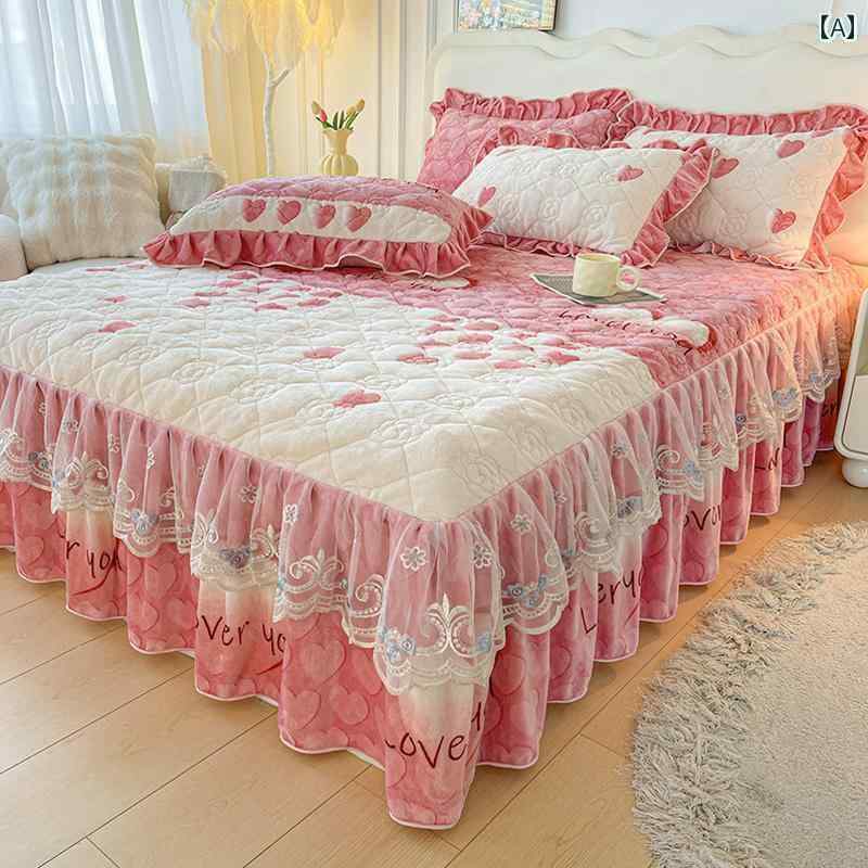 ベッド カバー 厚手高 重量 ミルク ベルベットの ベッド スカート ワンピース 高級 レース エプロン カバー 3点 セットで 冬でも 暖かい 過ごせます