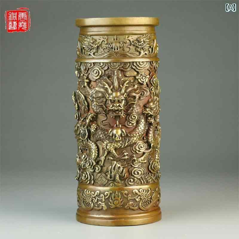 アンティーク　雑貨　飾り 銅製 龍 柱 飾り 家庭用 リビング ルーム 装飾 香 管 花瓶 真鍮 ロストワッ..