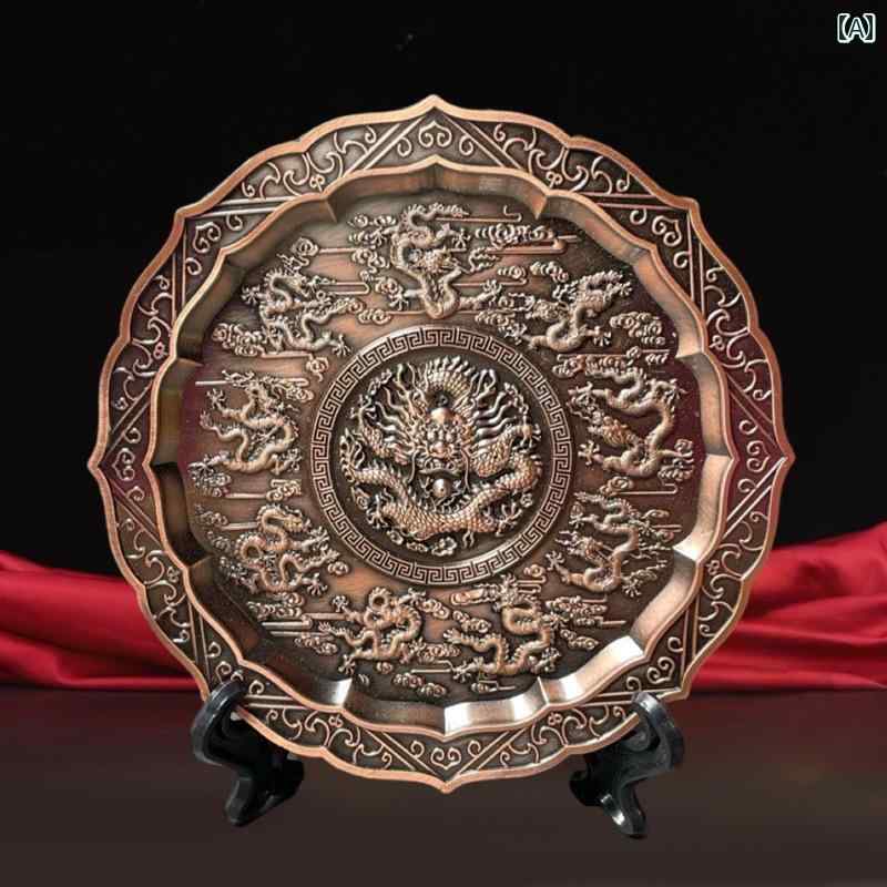 アンティーク　雑貨　飾り 銅製 九 龍 プレート 装飾品 壁用 銅 スタンド 付き リビング ルーム デスク..