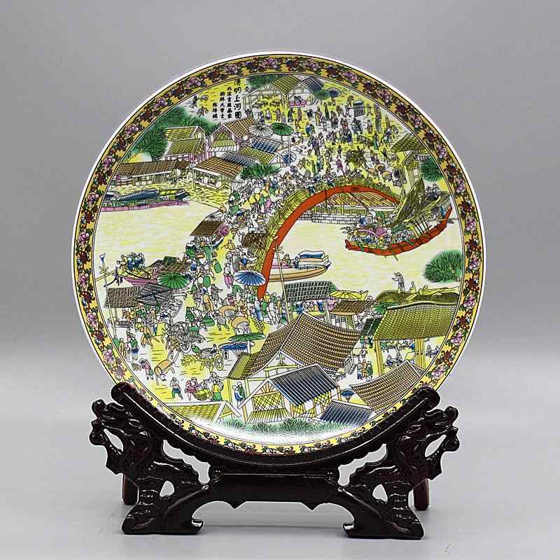 アンティーク　雑貨　飾り 清朝 乾 隆 清明 河畔 図 磁器 皿 掛け アンティーク 装飾品 コレクション ..