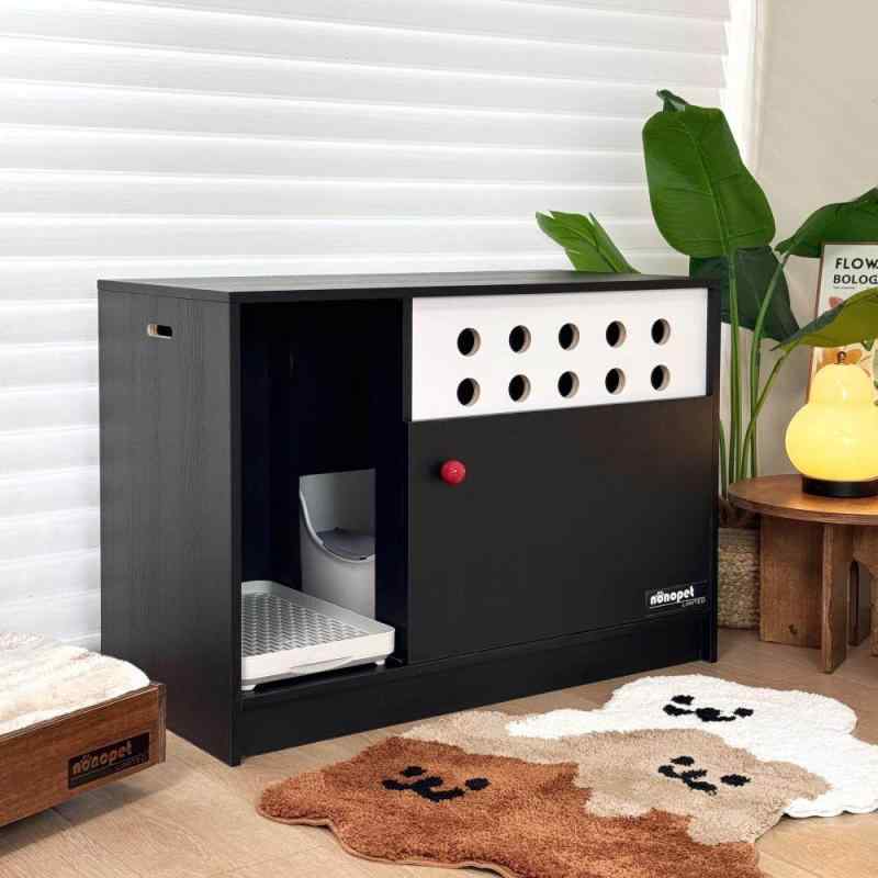 猫トイレ 家具調 猫砂ケース ペット用品 収納 キャビネット 大型 猫トイレカバー 隠せる トイレ箱 北欧風 ブラック 黒色 木製 木目調 通気性 遮蔽性 飛び散り防止 密閉型 猫用トイレ 砂落とし 清潔 快適 お手入れ簡単 インテリア デザイン 家具