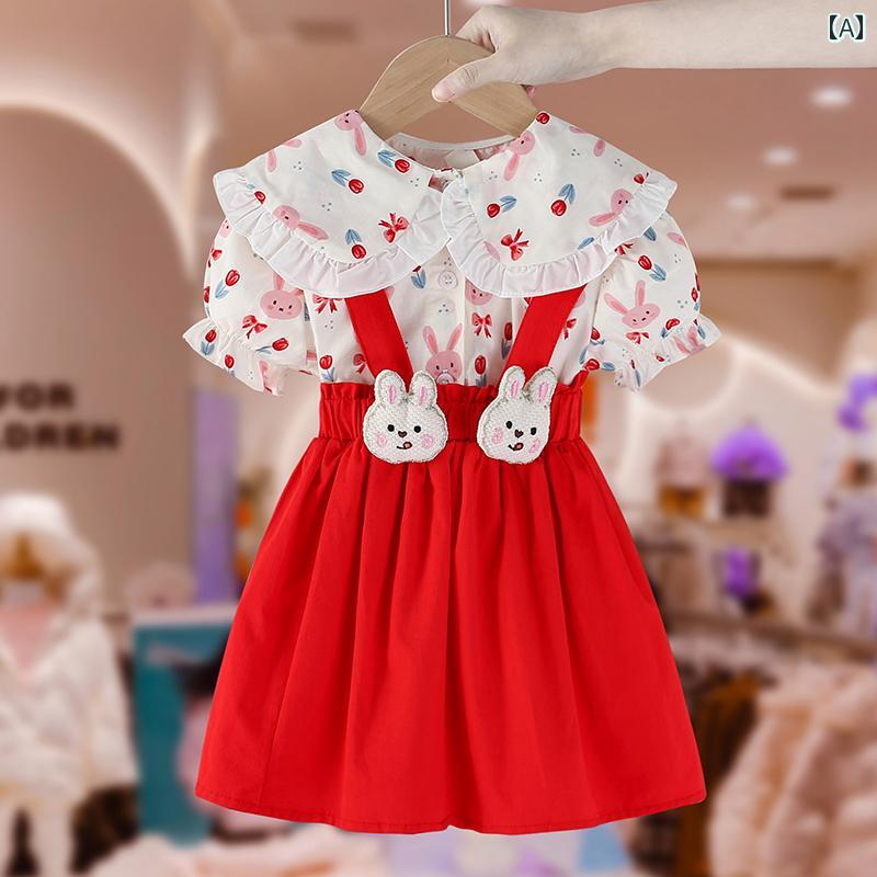 子供服　カジュアル　かわいい 女の子 サスペンダー スカート スーツ 夏 2024 子供服な ウサギの プリ..