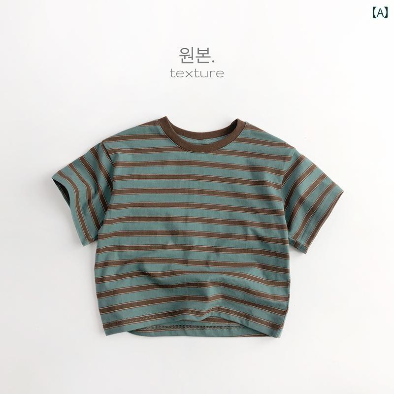 子供服　カジュアル　かわいい コントラスト ストライプ レトロ 味 韓国 夏の 子供の 半袖 コットン T..