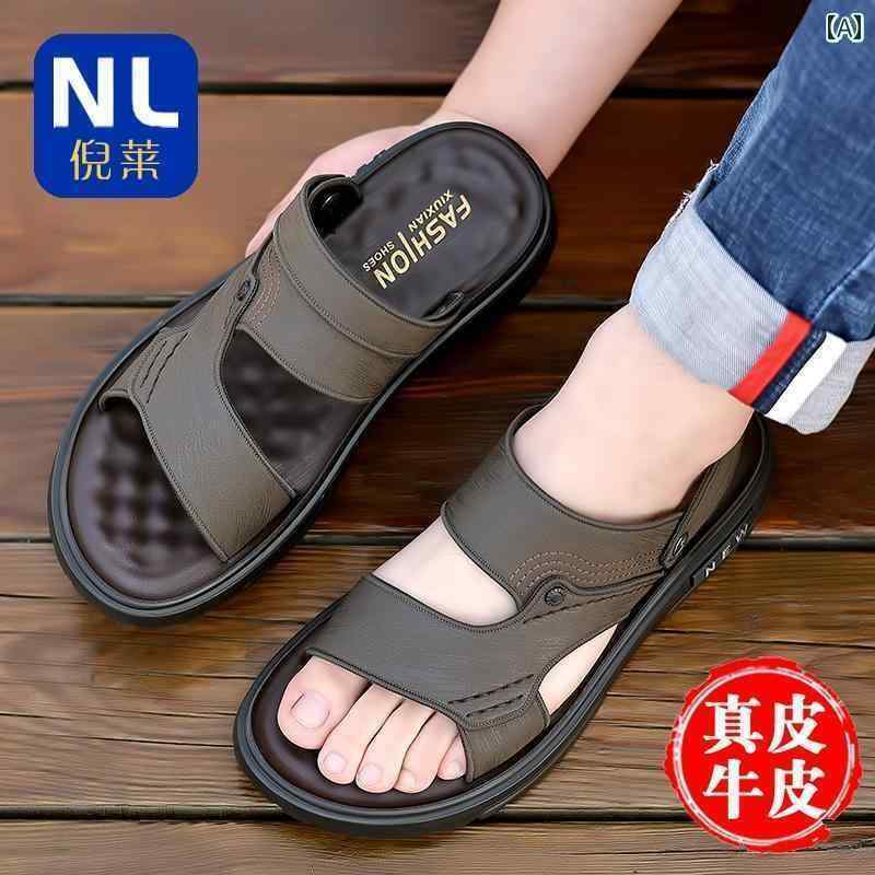 メンズ サンダル スリッパ Ni Lai メンズサンダル 2025夏 ビーチ シューズ デュアルパーパス 革 ソフト ソール ダッド サンダル 男性用 運転用