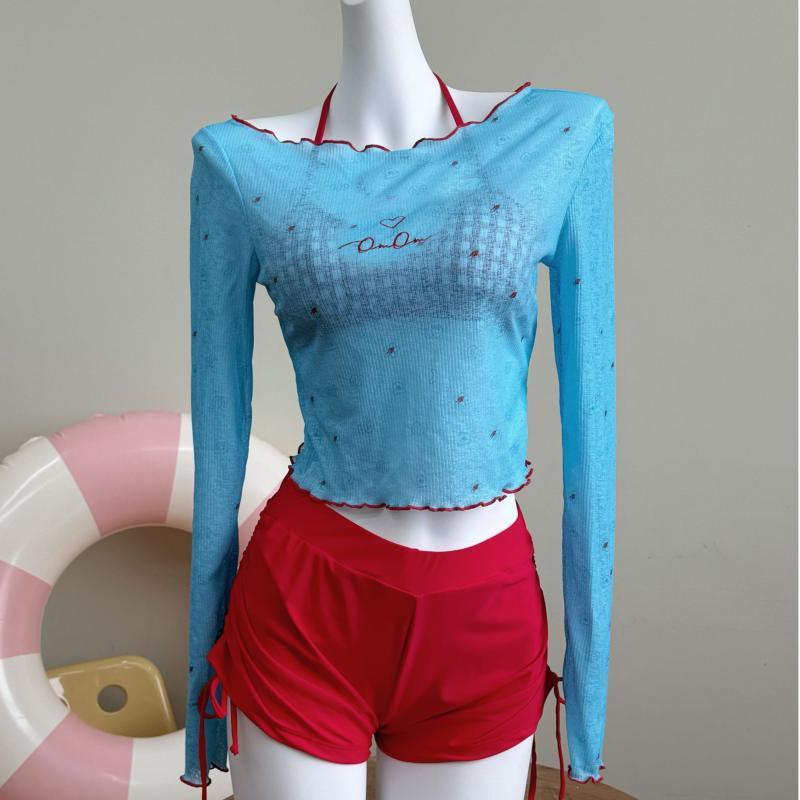 ビキニ　水着　レディース omom 2025 チェック 柄 コントラスト ビキニ 4 ピース小 胸 スリット 温泉 ..