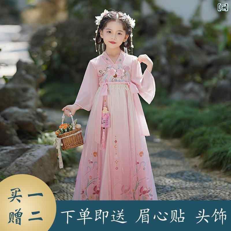 子供用　ドレス　ワンピース 女の子 漢服の スタイル 適用 年齢 714歳の 紫色の ドレス 春夏 小さい レ..