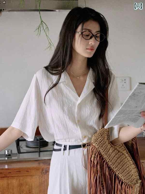 白シャツ　レディース　きれいめ 夏の 女性用 フレンチ レトロ ホワイト 半袖 シャツ スタイル ハイエ..
