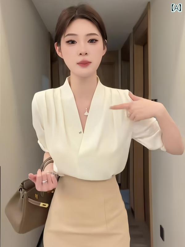 白シャツ　レディース　きれいめ 2025 春夏 韓国 キム 秘書 衣装 セット Vネック プリーツ ミドル スリ..