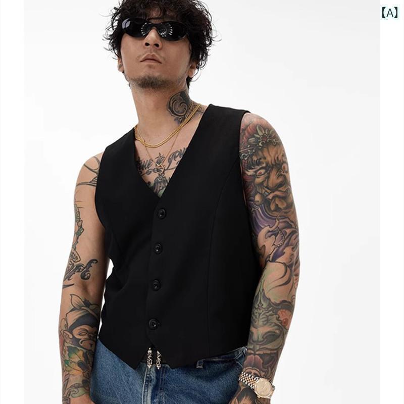 スーツ　ベスト　メンズ と アメリカ 単 衣 薄手 単層 カジュアル 綿 黒 ベスト メンズ ベストの 外側..