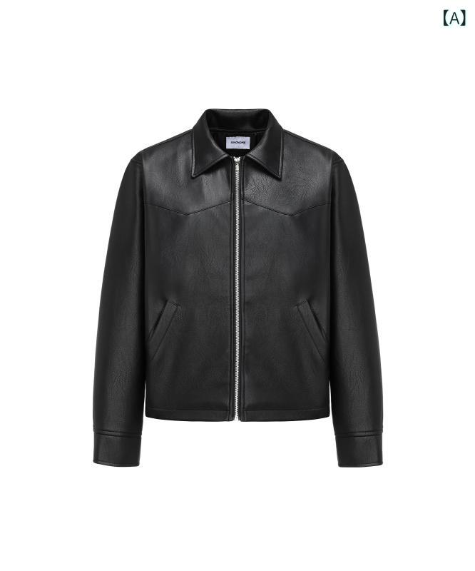レザー　ジャケット　おしゃれ SINONOME 24 fw 人工 ラムスキン テクスチャ PU ショート ブラック＆ グレー ジャケット レザーコート クリーン フィット