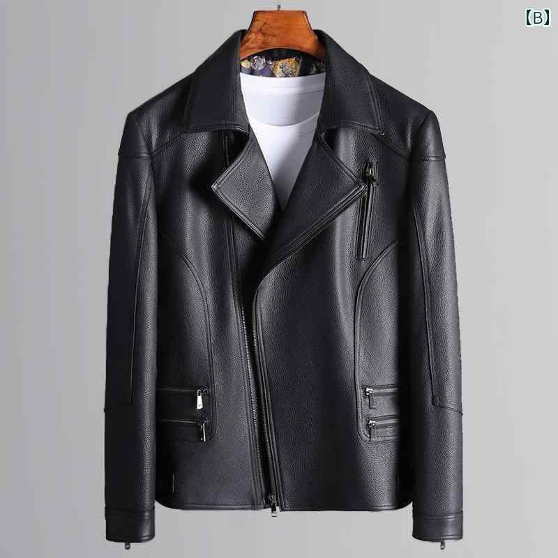 レザー　ジャケット　おしゃれ メンズ 革 ジャケット トップレイヤー 牛革 ライチ 柄 モーター サイクル カジュアル 海 寧 シングル レザー ショート スリムフィット