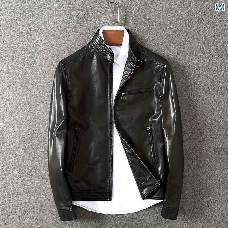 レザー　ジャケット　カジュアル トルコ ヤギ 革 モーター サイクル ジャケット スリム ショート スタンドカラー メンズ コート