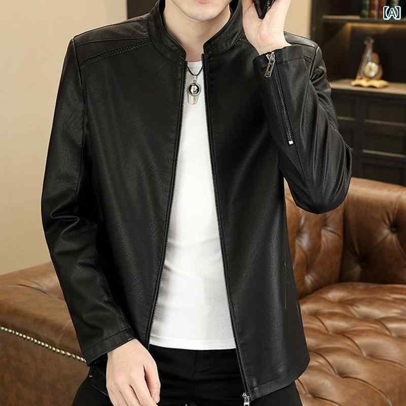 レザー　ジャケット　カジュアル キツツキ 2024 メンズ フリース レザージャケット カジュアル スタンドカラー 厚手 スリム 暖かい ジャケット