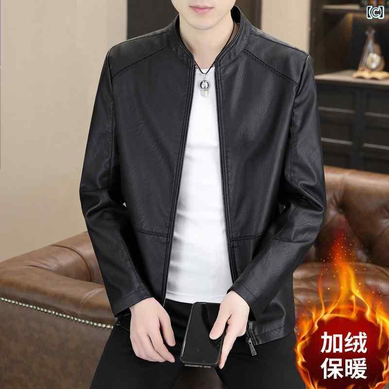 レザー　ジャケット　カジュアル キツツキ 2024 メンズ フリース レザージャケット カジュアル スタンドカラー 厚手 スリム 暖かい ジャケット