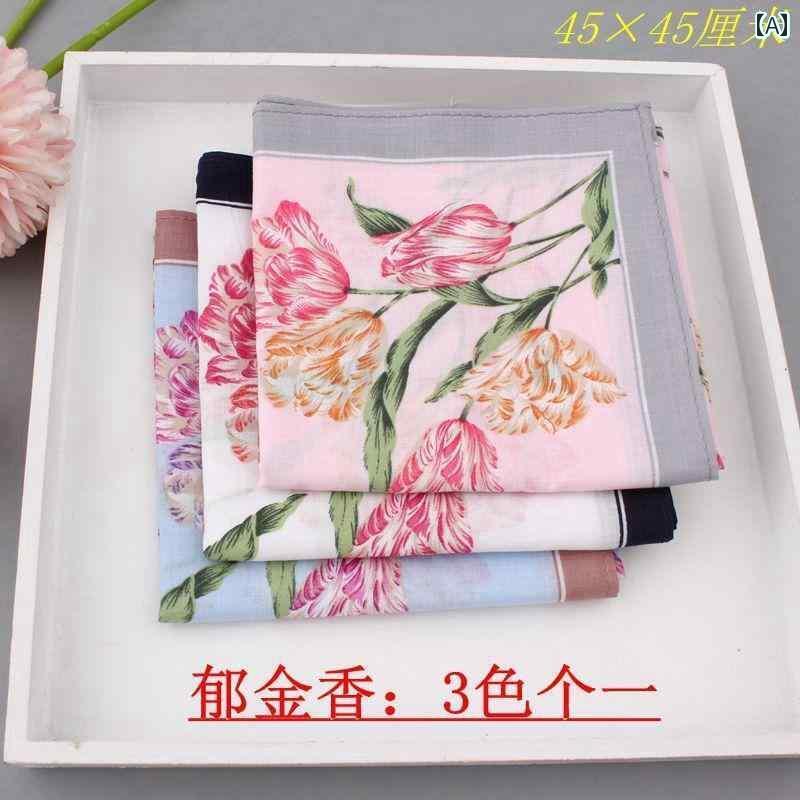 ハンカチ　ハンドタオル 【 チューリップ】 レディース プリント 綿 ハンカチ の 極 薄の 小さい 正方形 タオル 吸汗性と 環境に 優しい