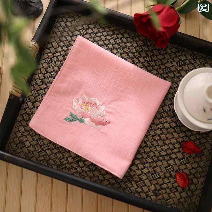 ハンカチ　ハンドタオル 牡丹 ハンカチ 刺繍 アンティーク チャイナ風 メンズ レディースの ギフト 吸汗性 ポータブル 綿 ソフトスクエア スカーフ