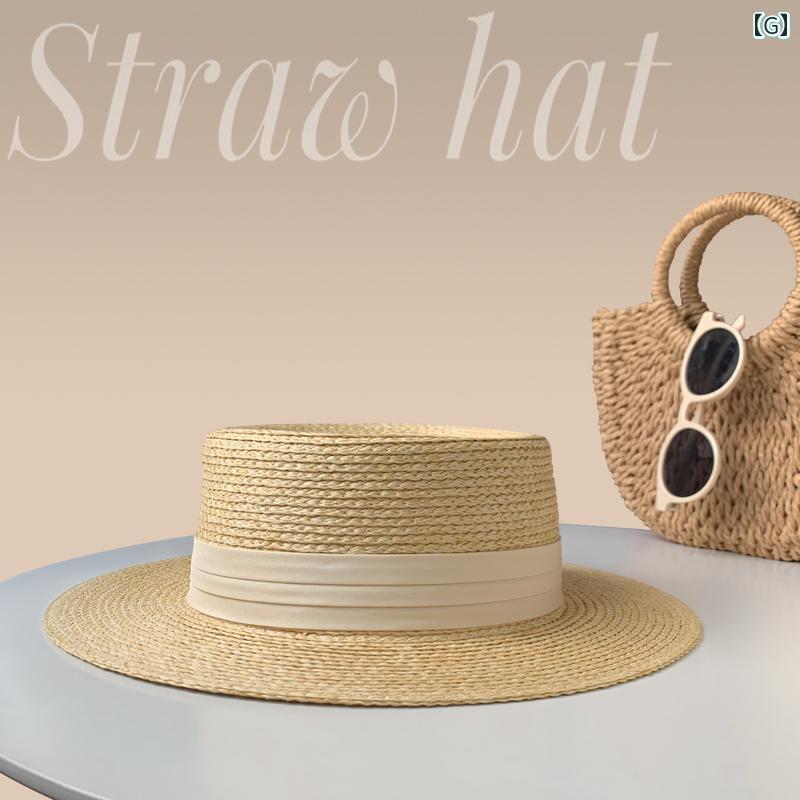 麦わら帽子 レディース かわいい 頭囲の 小さい 麦わら 帽子 レディース 夏 フラット トップ フレンチ ビーチハット 日除け 日よけ 52小 S サイズ