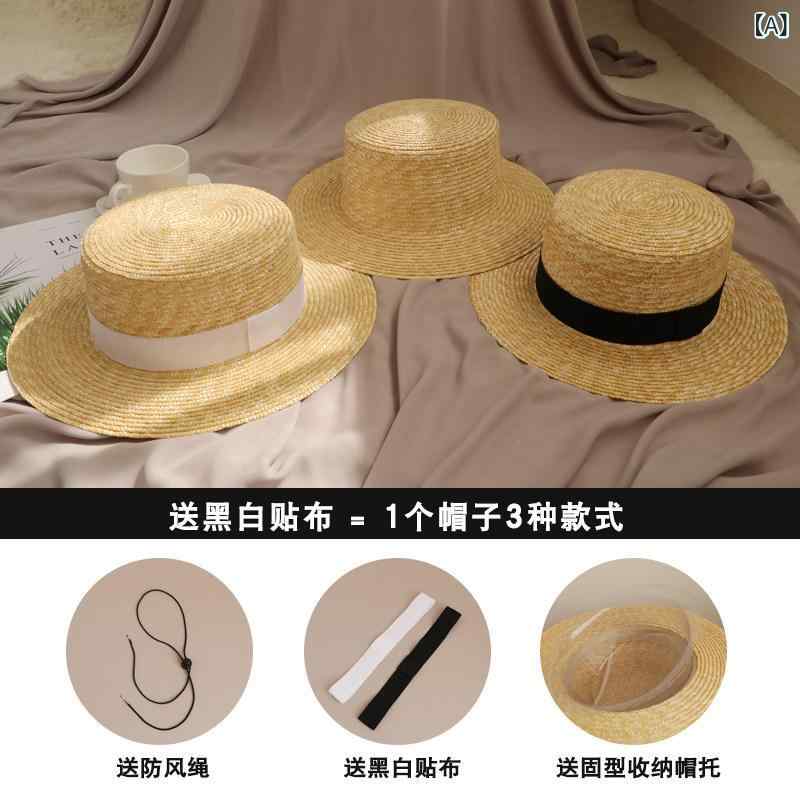 帽子　麦わら　レディース レディース フラット トップハット 夏 休み 海辺 パナマ 麦わら 帽子 つば フレンチ ビーチハット わら サンシェードと 日焼け防止