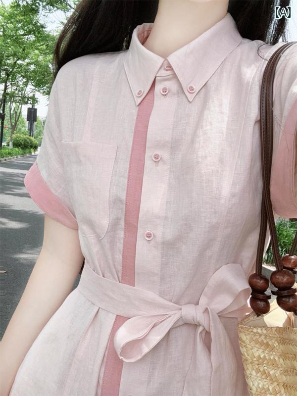 シャツワンピース レディース 2025年 フレンチ 高級 海辺の 休暇 ユニークな 美しい ウエストの ピンクの シャツ リネンの 子供用 ドレス