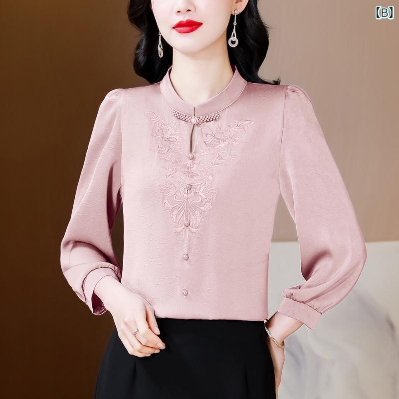 シャツワンピース レディース 杭 州 高級 シャツ レディースファッション 刺繍 ブラウス 母 桑 絹 トップ