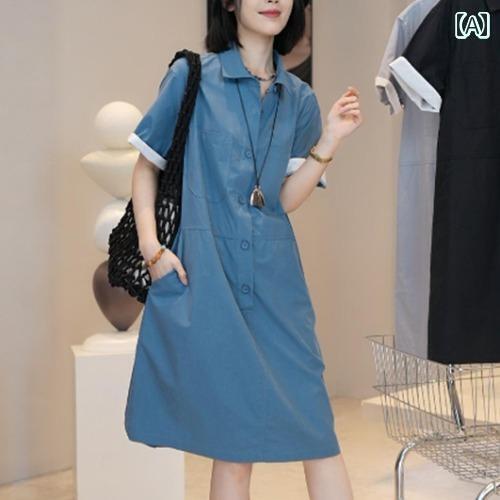 シャツワンピース レディース フレンチ ポロ カラー 半袖 シャツ ワンピース レディース 夏 ゆったり ..