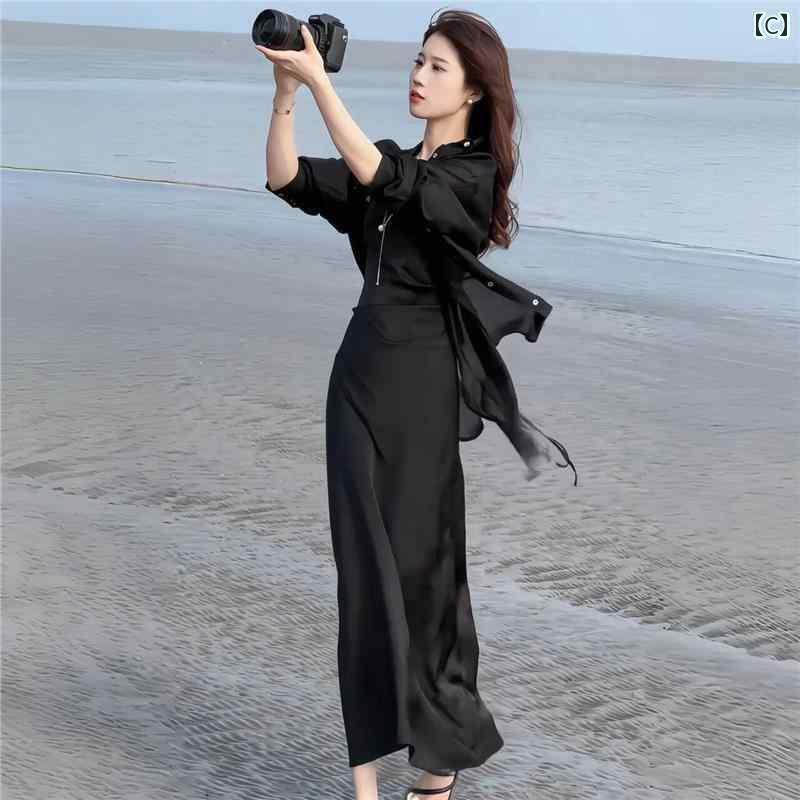 シャツワンピース レディース 女性用 高級 ドレス ロイヤル シスター 日焼け防止 シャツ 夏の スタイル サスペンダー スカートの 完全な セット ツーピース...