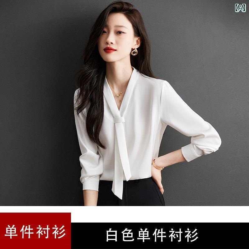 シャツワンピース レディース ホワイト シャツ レディース 春秋 2024 スタイルな プロ ウェア リボン Vネック トップ