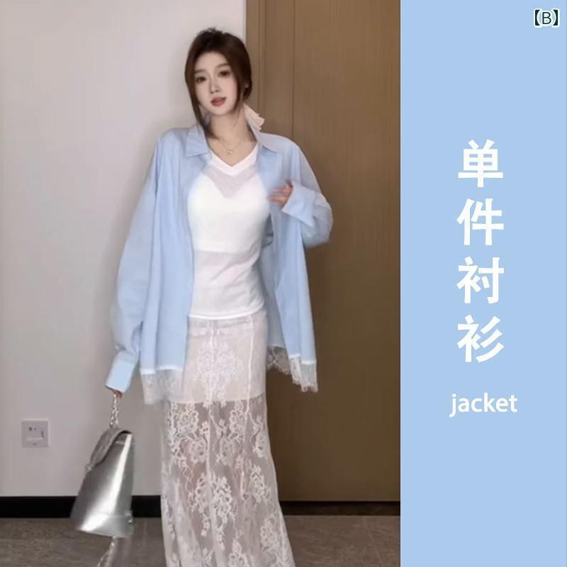 シャツワンピース レディース フレンチ レース ステッチ ブルー 長袖 シャツ レディース 2025 早春 ゆ..