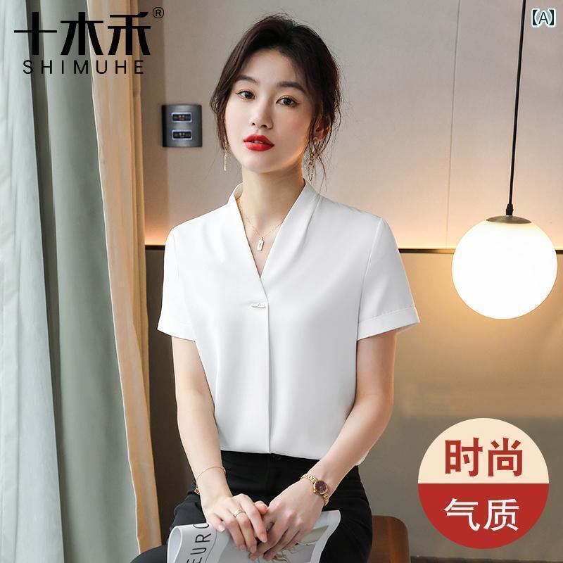 シャツワンピース レディース ホワイト 半袖 シャツ レディース 夏 薄手 Vネック シフォン トップス ホ..