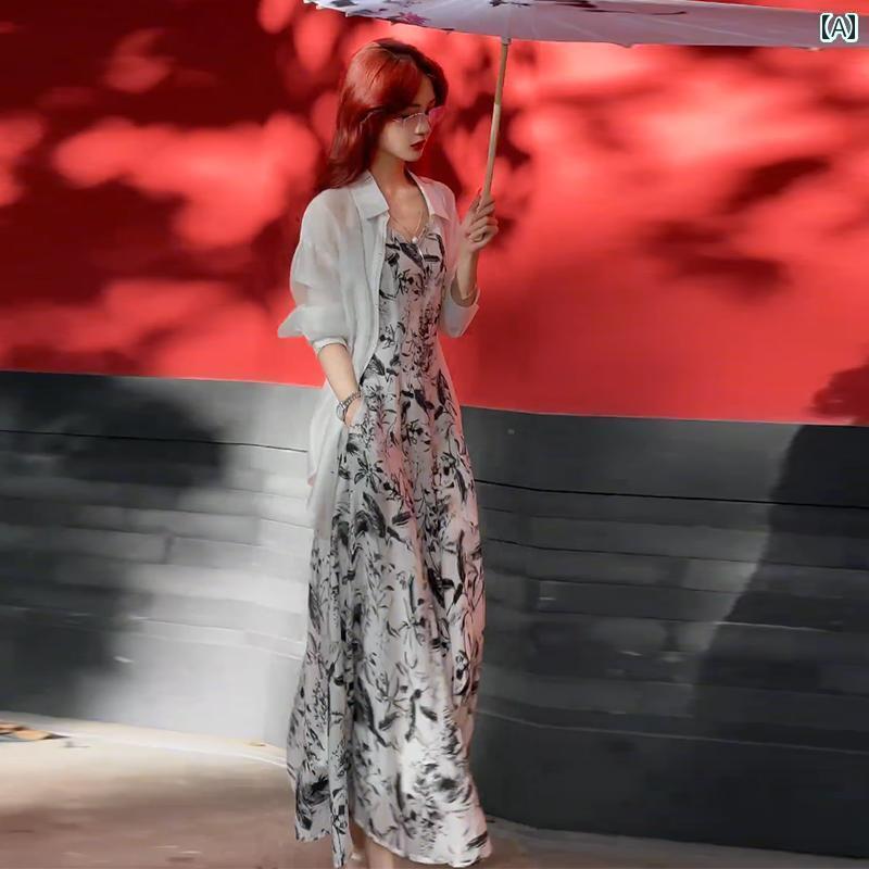 シャツワンピース レディース レディースファッション ドレス 夏の スタイル スリム サスペンダー スカート 付き 冷感 日焼け防止 シャツ ツーピース スーツ