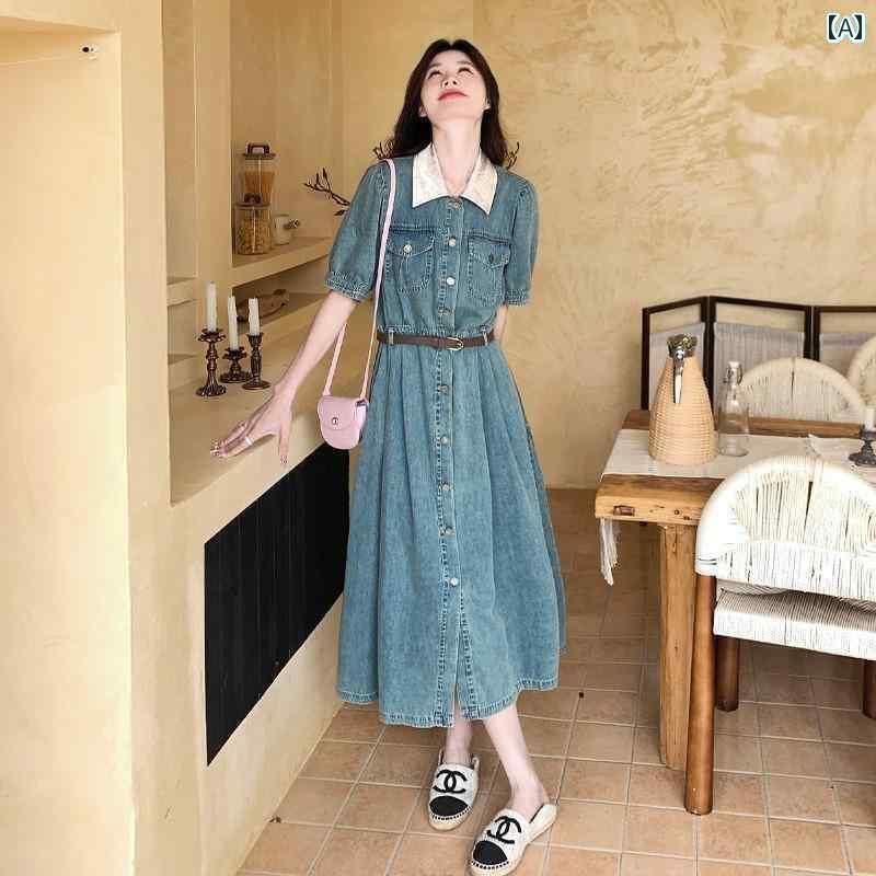 シャツワンピース レディース 女性用 半袖 デニム ドレス 2025 夏の レトロ ハイエンド ウエスト スリム シャツ