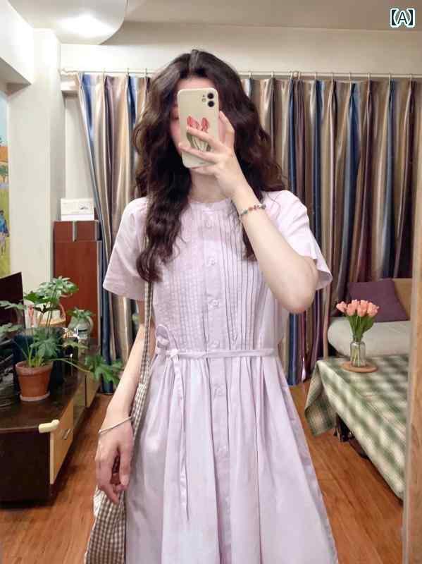 シャツワンピース レディース レディース 夏 パープル コットン カジュアル ミディアム 丈 スモール シ..