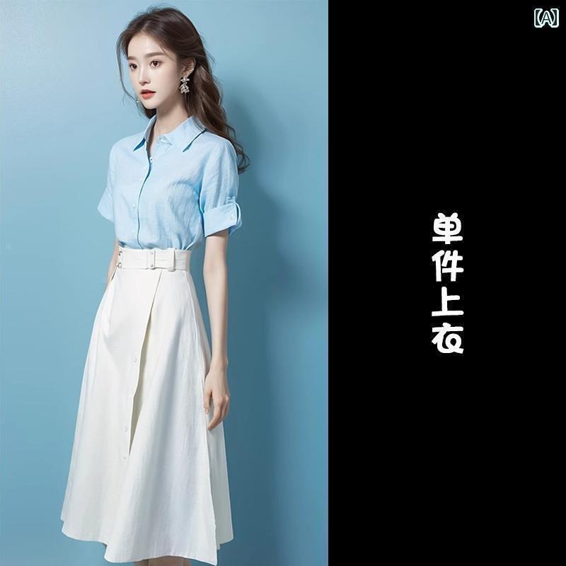 シャツワンピース レディース 西洋風 年齢を 減らす 美しい ストリート ブラスト 小さい サイズ 夏の 女性用 白 綿 麻の シャツ スーツ スカートの 完全...