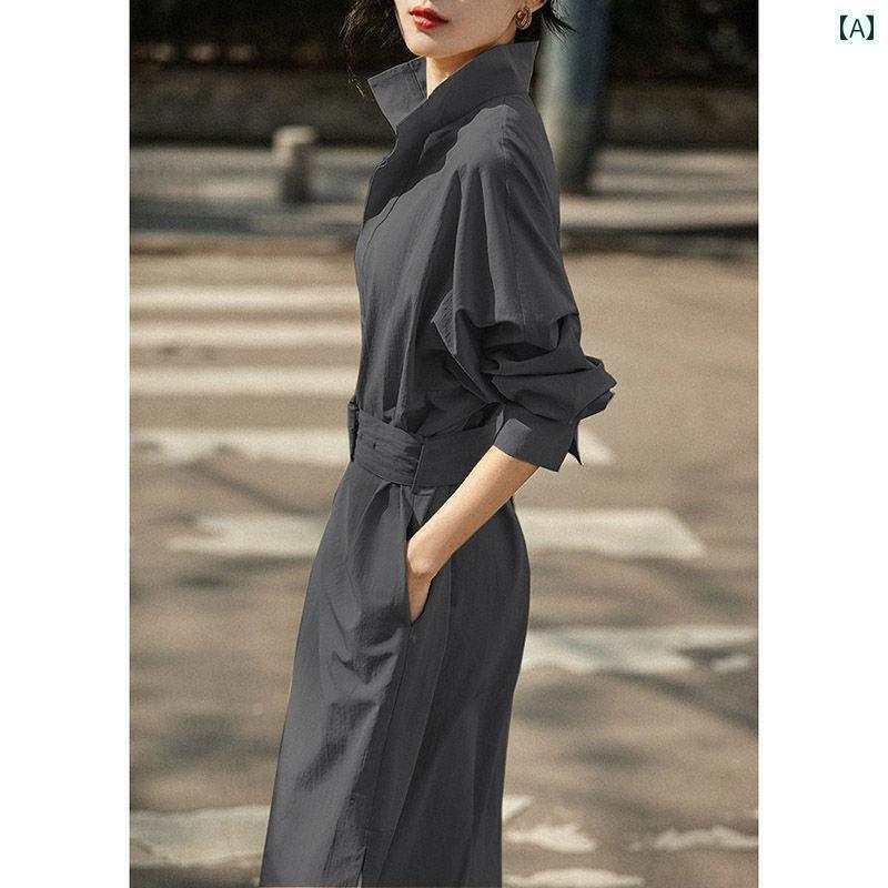 シャツワンピース レディース グレーの シャツ ワンピース 女性 2025 春 アンケ レイ ウェア エレガント 無地 ウエスト aライン スカート