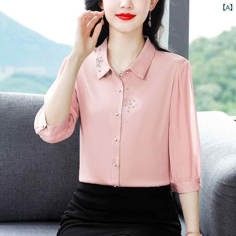 シャツワンピース レディース 杭 州 ビッグ シャツ レディース 七分袖 高級 刺繍 2025夏 桑 絹 トップ