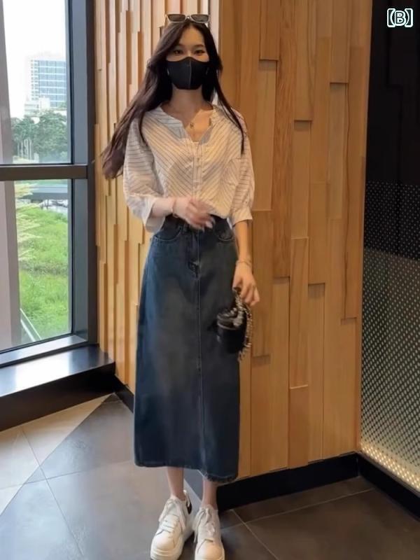 シャツワンピース レディース 夏に ぴったりの クールで おしゃれな 衣装 セット。 韓国 シンプル ストライプシャツ デニムスカート ツーピース スーツ コン...