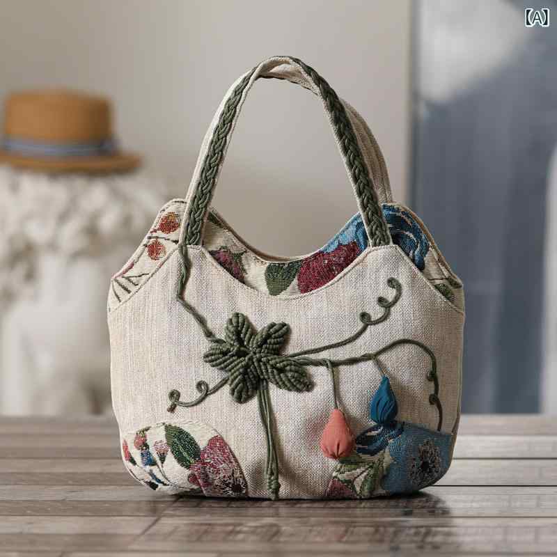 Shopping Bags, Ecology Bags - かわいい トートバッグ ハンドバッグ エスニック 手織り キャンバス バッグ マルチ コンパートメント ハンドバッグ カジュアル スタイル 多層 ジッパー レディース 布