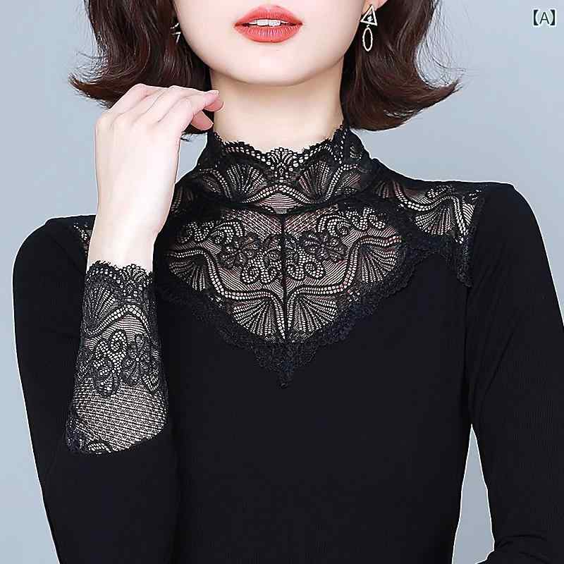 レディース ハイネック タートルネック ハーフ タートルネック レース レイヤリング シャツ レディース..