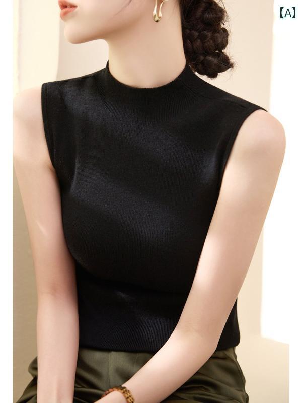 レディース ハイネック タートルネック 女性用 ブラックの 小さい スタンドカラー ノースリーブセータ..