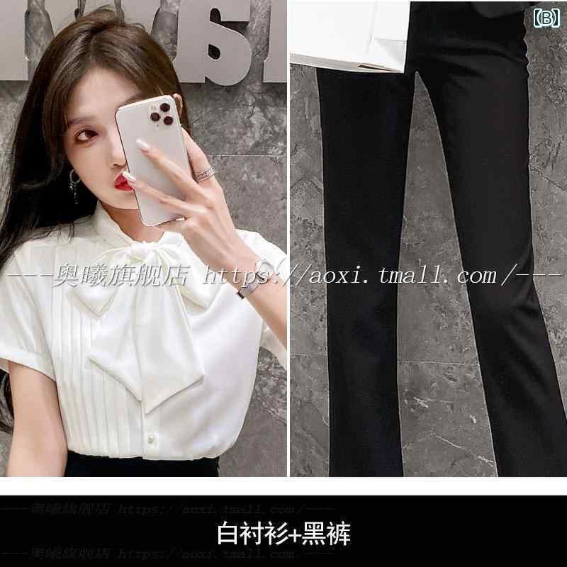 シャツ ワンピース 蝶 ネクタイ 付きの 女性用 シャツ 夏の プリーツの ある ビジネス 服装 白い スーツ