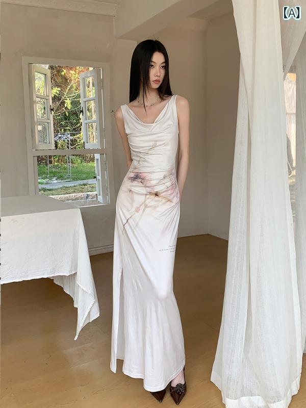 スリムフィット サスペンダードレス チャイナ風 プリントの 伸縮性の ある ベスト サスペンダー ドレス 女性用 夏用 スリミングと スリミング スイング カラー スリット チャイナ ロング スカート