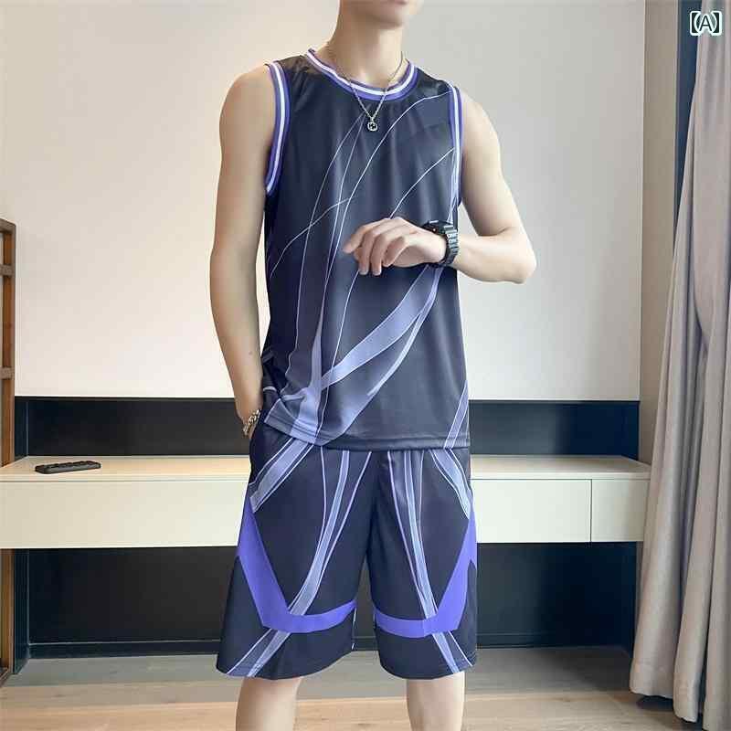バスケットボール ウェア メンズ スポーツ バスケットボール ユニフォーム スーツ 男性用 夏 薄氷 クール ノースリーブ Tシャツ ベスト ランニング フィットネストレーニング 服