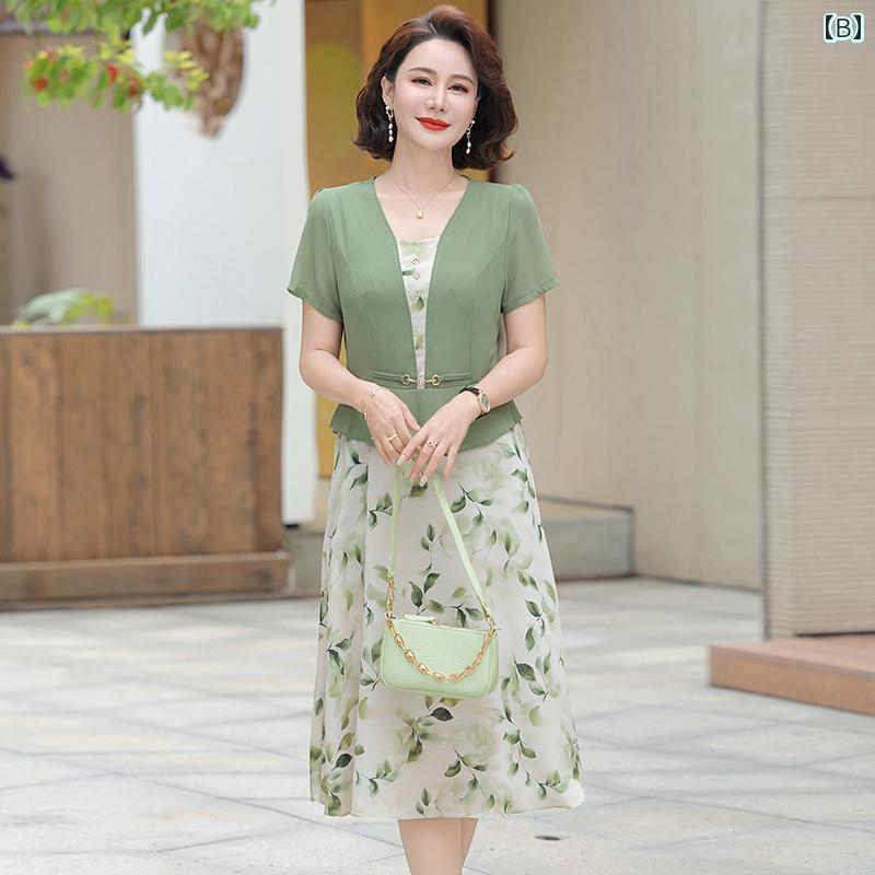 パンツドレス レディース お母さんの 夏の シフォンワンピース レディース 洋風 フェイク ツーピース スカート 中年 ロング 年齢 軽減