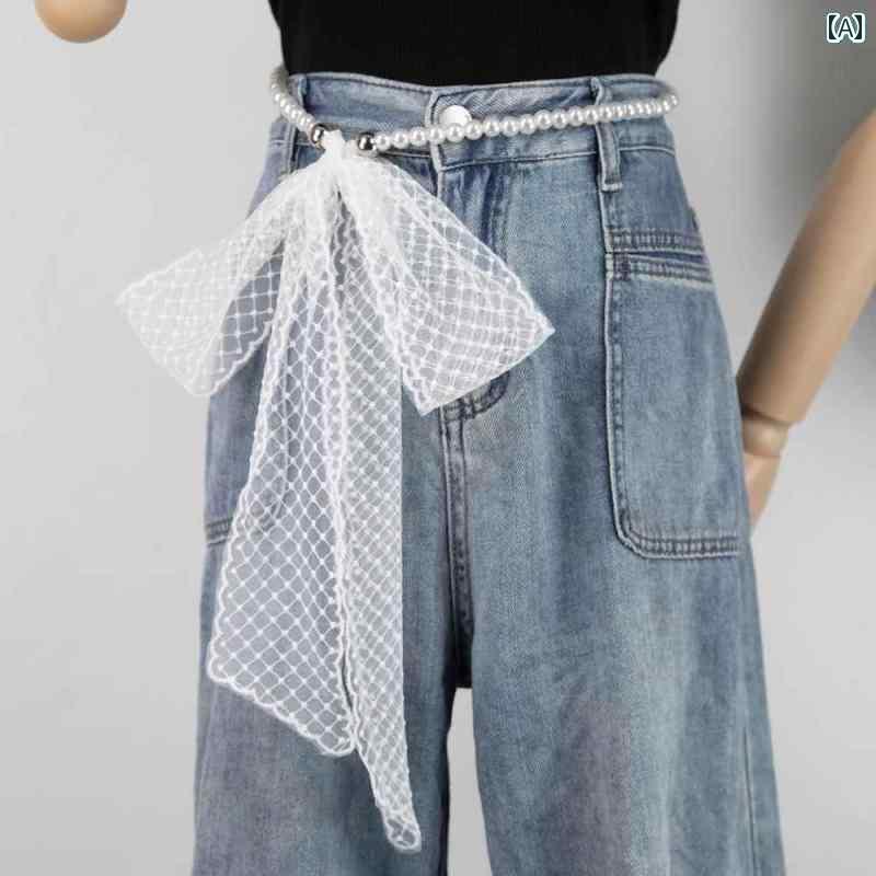 パンツドレス レディース 女性用 ドレス用 レース 布 ベルト パール 装飾 スカート ジーンズ ウエスト ..