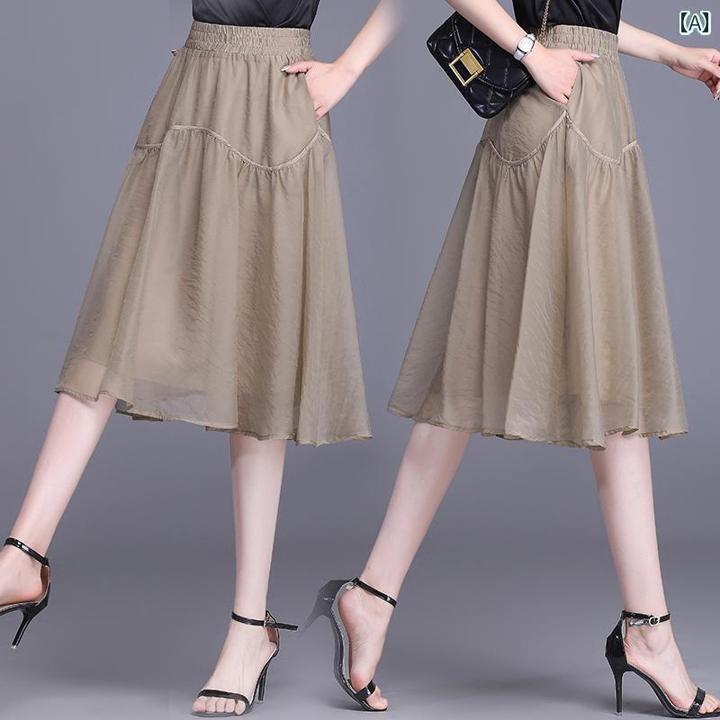 パンツドレス レディース スモール スカート レディース 夏 薄手 スリム メッシュ 2025 ハイウエスト ミディアム 丈 aライン ガーゼ