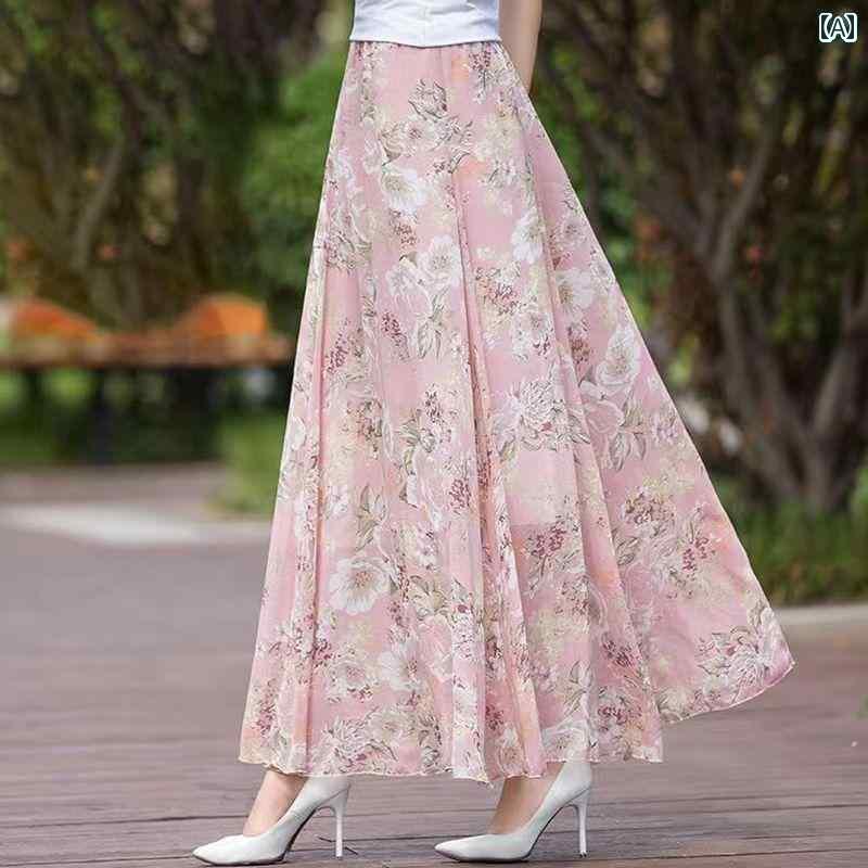 パンツドレス レディース 2024夏 レディース プリント シフォン 大きいサイズ スカート ロング ハイウ..