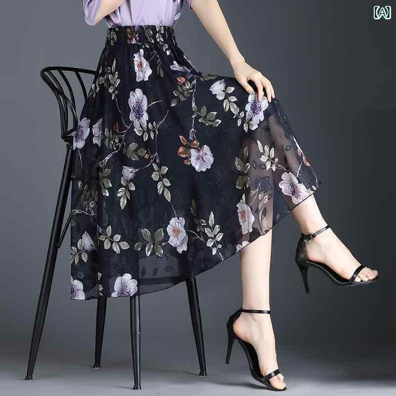 パンツドレス レディース シフォン小 花柄 スカート レディース 夏 ミディアム 丈 スリム ビッグ スイ..